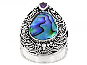 Abalone Shell & Amethyst Sterling Silver Ring, 15x11mm, 0.16ct