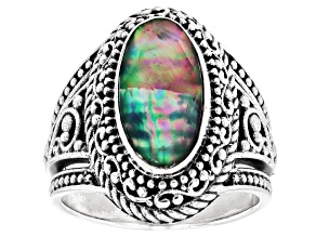 Abalone Doublet Sterling Silver Scrollwork Ring, 16x18mm
