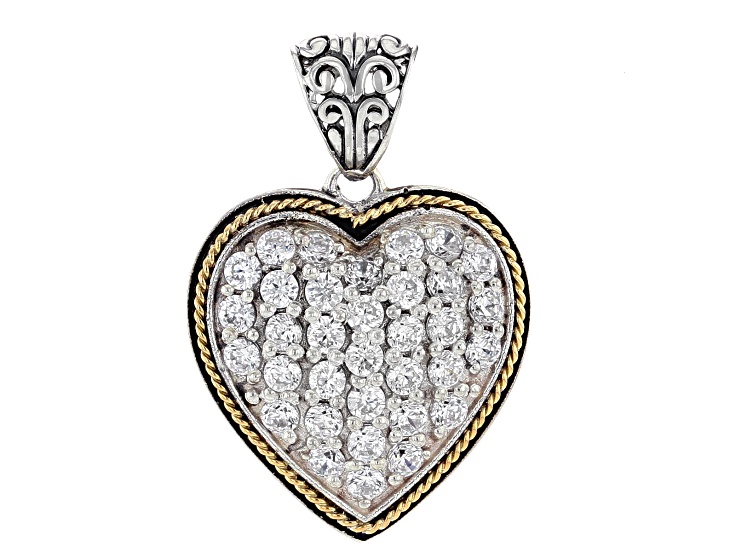 Cubic Zirconia Sterling Silver & 18K Yellow Gold Heart Rope Pendant, 2.14ctw