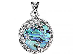 Abalone Shell & Black Mother-of-Pearl Sterling Silver Reversible Dragon Pendant, 30mm