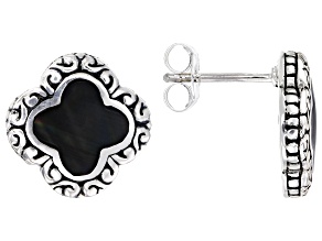 Black Shell Sterling Silver Scrollwork Balinese Stud Earrings, 9mm
