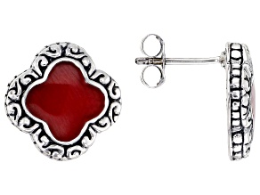 Red Coral Sterling Silver Scrollwork Balinese Stud Earrings, 9mm