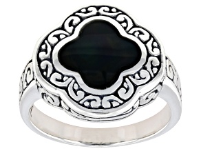 Black Shell Sterling Silver Scrollwork Balinese Ring, 9mm