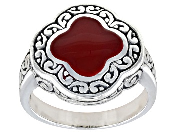 Picture of Red Coral Sterling Silver Scrollwork Balinese Ring, 9mm