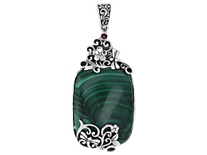 Malachite, Garnet Accents Sterling Silver Floral Enhancer 40x30mm, 0.64ctw