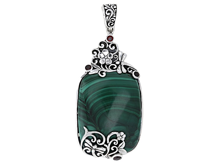 Malachite, Garnet Accents Sterling Silver Floral Enhancer 40x30mm, 0.64ctw