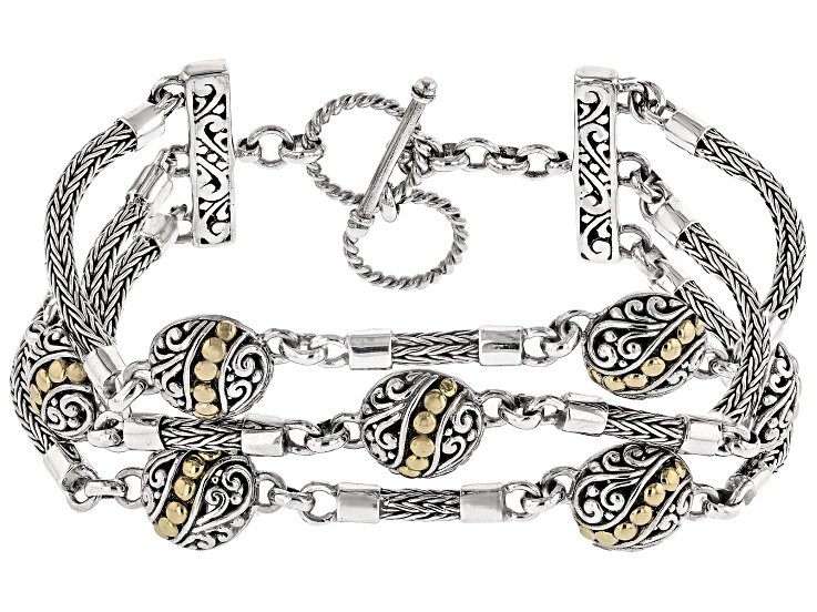 Sterling Silver & 18K Yellow Gold Accents Multi-Row Station Bracelet With Tulang Naga Chain