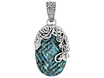 Picture of Carved Composite Turquoise Sterling Silver Rose Floral Enhancer Pendant, 30x20mm