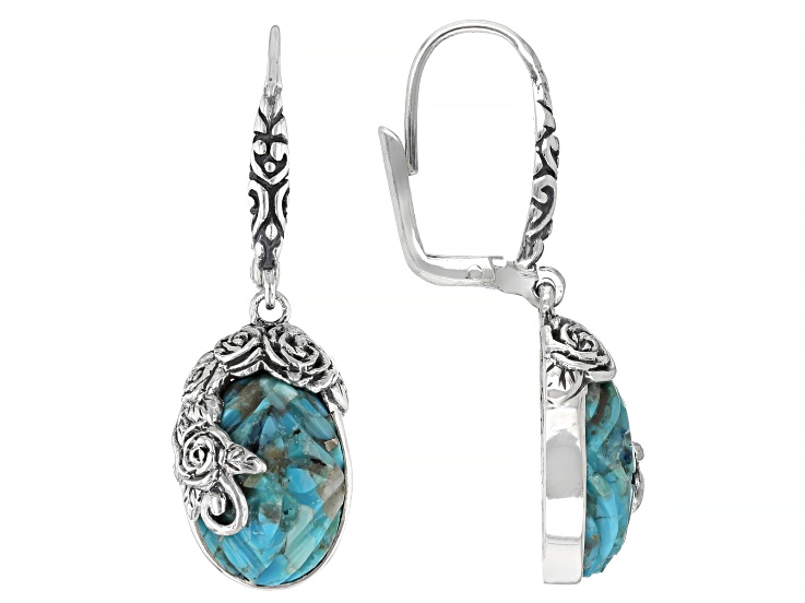 Carved Composite Turquoise Sterling Silver Rose Earrings, 14x10mm