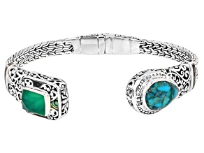 14x10mm Composite Turquoise, 9x7mm Green Chalcedony, Abalone Shell Sterling Silver Cuff Bracelet.