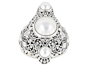 White Cultured Mabe Pearl & Freshwater Pearl Sterling Silver 3-stone Ring, 10mm