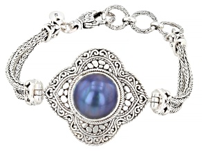 Blue Cultured Mabe Pearl Sterling Silver Bracelet, 14-15mm