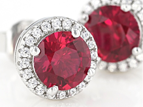 Lab Created Ruby And White Cubic Zirconia Rhodium Over Sterling Silver Earrings 2.34ctw
