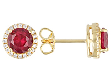 Picture of Lab Created Ruby And White Cubic Zirconia 18k Yellow Gold Over Sterling Silver Earrings 2.34ctw