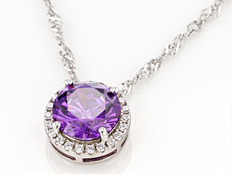 Purple And White Cubic Zirconia Rhodium Over Sterling Silver Pendant With Chain 3.81ctw