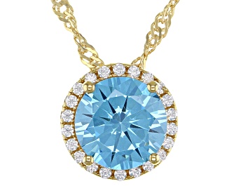 Picture of Light Blue And White Cubic Zirconia 18k Yellow Gold Over Sterling Silver Pendant With Chain 3.41ctw
