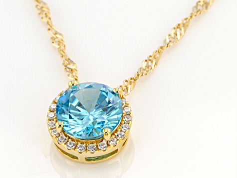 Light Blue And White Cubic Zirconia 18k Yellow Gold Over Sterling Silver Pendant With Chain 3.41ctw