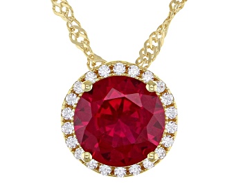 Picture of Lab Created Ruby and White Cubic Zirconia 18k Yellow Gold Over Silver Pendant With Chain 2.41ctw
