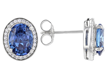 Picture of Blue And White Cubic Zirconia Rhodium Over Sterling Silver Earrings 4.56ctw