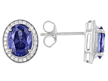 Picture of Blue And White Cubic Zirconia Rhodium Over Sterling Silver Earrings 4.36ctw