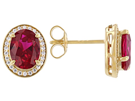 Lab Created Ruby and White Cubic Zirconia 18k Yellow Gold Over Sterling Silver Earrings 3.18ctw