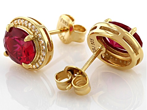 Lab Created Ruby and White Cubic Zirconia 18k Yellow Gold Over Sterling Silver Earrings 3.18ctw