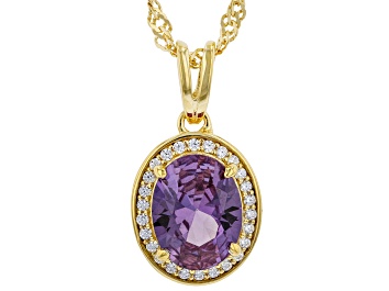 Picture of Lab Created Color Sapphire And White Cubic Zirconia 18k Yellow Gold Over Silver Pendant With Chain
