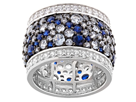 Lab Created Blue Spinel And White Cubic Zirconia Rhodium Over Sterling Silver Ring 10.45ctw