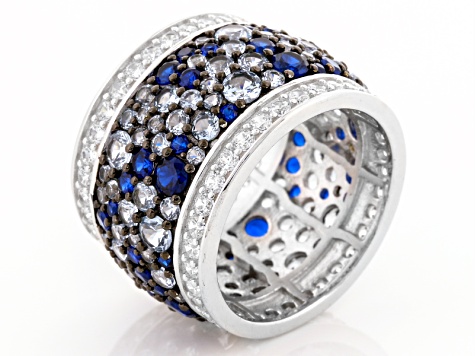 Lab Created Blue Spinel And White Cubic Zirconia Rhodium Over Sterling Silver Ring 10.45ctw