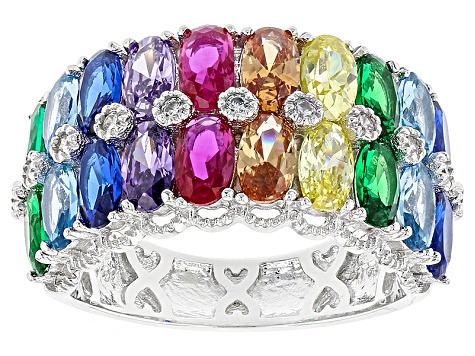 Multicolor Cubic Zirconia, Lab Blue Spinel and Lab Ruby Rhodium Over Sterling Silver Ring 5.14ctw