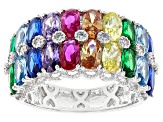 Multicolor Cubic Zirconia, Lab Blue Spinel and Lab Ruby Rhodium Over Sterling Silver Ring 5.14ctw