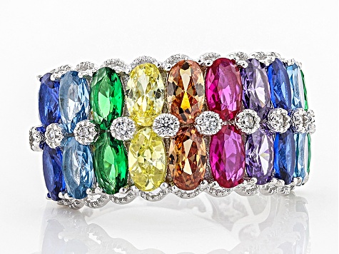 Multicolor Cubic Zirconia, Lab Blue Spinel and Lab Ruby Rhodium Over Sterling Silver Ring 5.14ctw