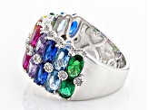 Multicolor Cubic Zirconia, Lab Blue Spinel and Lab Ruby Rhodium Over Sterling Silver Ring 5.14ctw