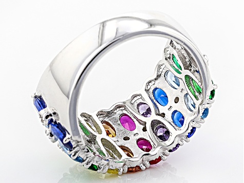 Multicolor Cubic Zirconia, Lab Blue Spinel and Lab Ruby Rhodium Over Sterling Silver Ring 5.14ctw