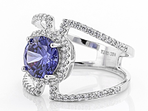 Blue And White Cubic Zirconia Rhodium Over Sterling Silver Ring 4.32ctw