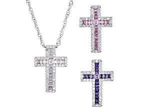 Multi Color Cubic Zirconia Rhodium over Sterling Silver Set of 3 Pendants with Chain 3.48ctw