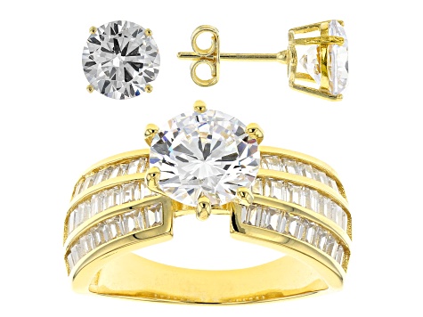 White Cubic Zirconia 18K Yellow Gold Over Sterling Silver Ring And Earrings 12.66ctw