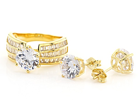 White Cubic Zirconia 18K Yellow Gold Over Sterling Silver Ring And Earrings 12.66ctw
