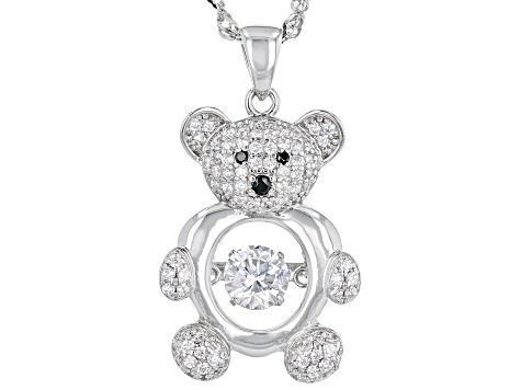 White and Black Cubic Zirconia Rhodium Over Sterling Silver Bear Pendant With Chain 1.65ctw