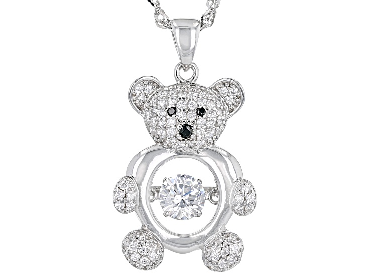 White and Black Cubic Zirconia Rhodium Over Sterling Silver Bear Pendant  With Chain 1.65ctw - BCB248