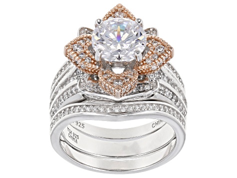 White Cubic Zirconia Rhodium and 14k Rose Gold Over Sterling Silver Ring with Guard 5.49ctw