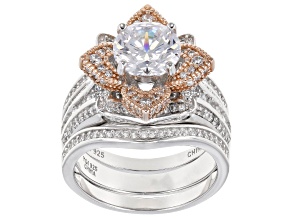 White Cubic Zirconia Rhodium and 14k Rose Gold Over Sterling Silver Ring with Guard 5.49ctw