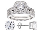 White Cubic Zirconia Rhodium Over Sterling Silver Ring With Band and Earrings 10.26ctw
