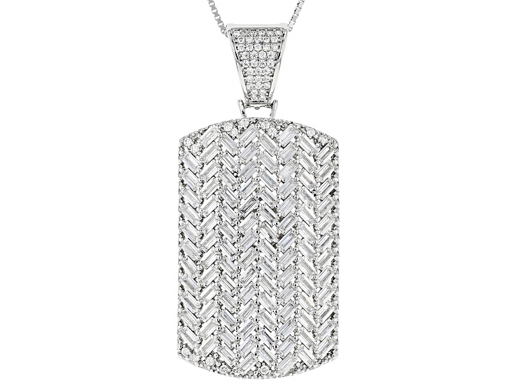 Mens White Cubic Zirconia Sterling Silver Dog Tag Pendant Necklace | One Size | Necklaces + Pendants Pendant Necklaces | Valentine's Day