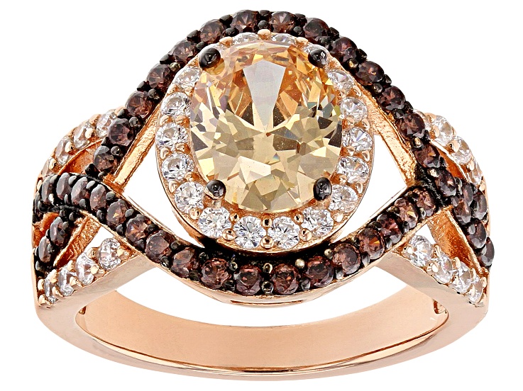 Champagne Brown and White Cubic Zirconia 18k Rose Gold Over Sterling Silver Ring 4.63ctw