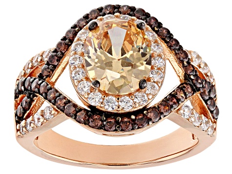 Champagne Brown and White Cubic Zirconia 18k Rose Gold Over Sterling Silver  Ring 4.63ctw