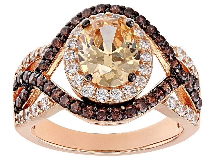 Champagne Brown and White Cubic Zirconia 18k Rose Gold Over Sterling Silver  Ring 4.63ctw