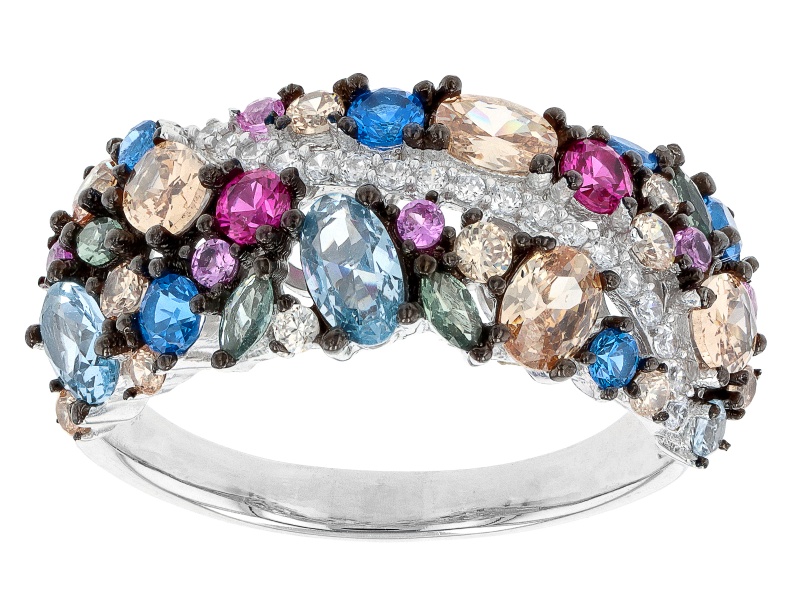 Multicolor Gemstone Simulants Rhodium Over Sterling Silver Ring