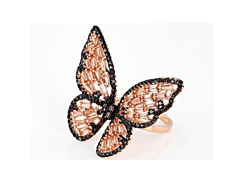 Mocha And Champagne Cubic Zirconia 18K Rose Gold Over Sterling Silver Butterfly Ring 4.42ctw