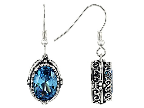 Blue Cubic Zirconia Rhodium Over Sterling Silver Center Design Earrings 9.67ctw